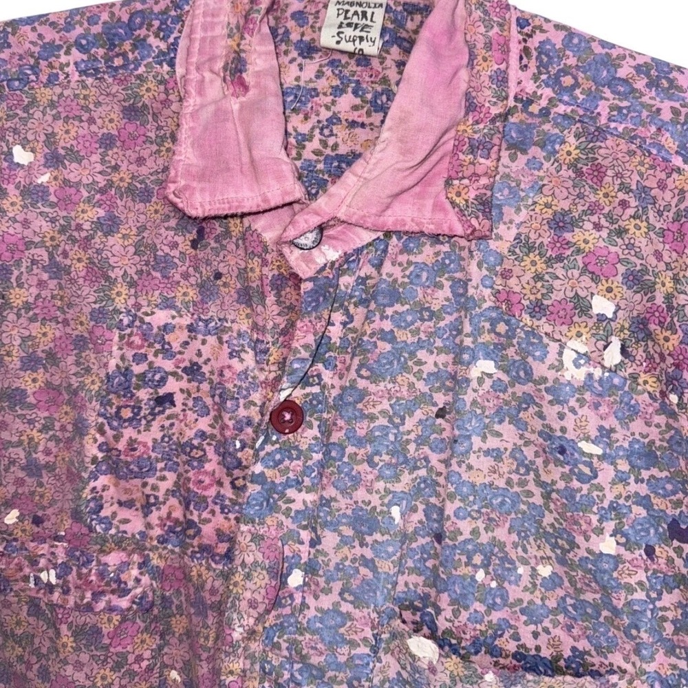 Magnolia Pearl🌺 Pink Purple Button Down Floral Boyfriend Distressed Work Shirt
